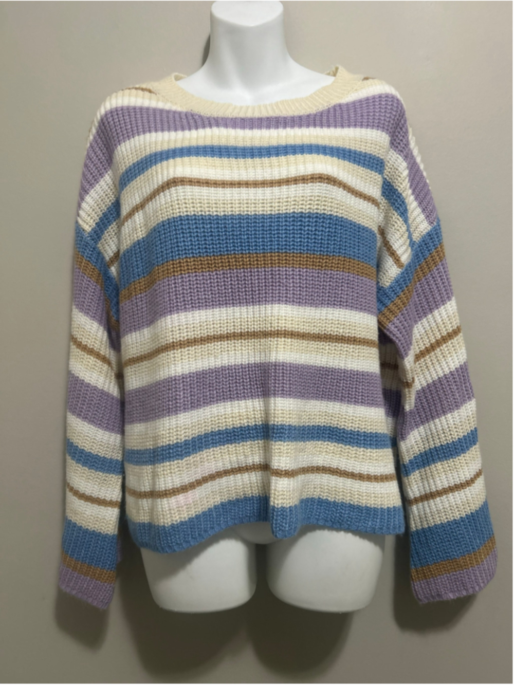 Striped Crew Neck Sweater Size M White Blue Purple - Picture 3 of 8